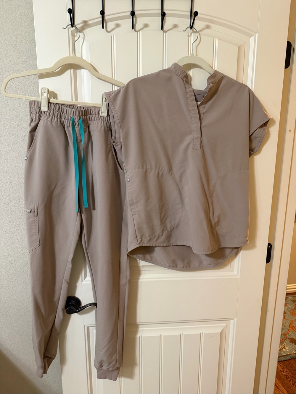 Figs Taupe Scrub Top & Jogger Pants with Teal Drawstring